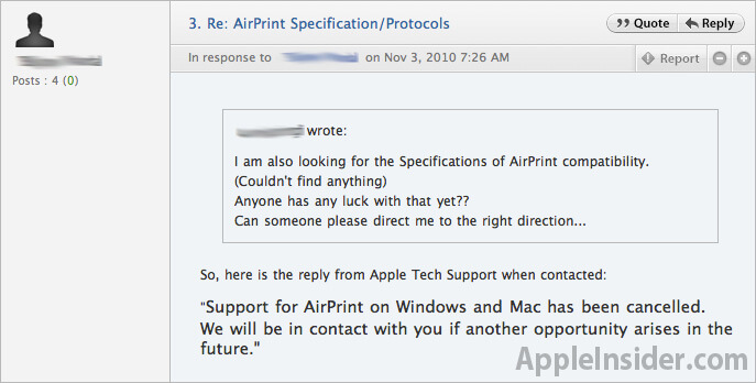 Поддержка AirPrint для Mac и PC может быть отложена