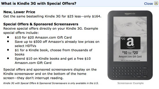 Amazon Kindle 3G со спецпредложениями и скидкой в $25. Amazon Kindle 3G со спецпредложениями и скидкой в $25. Фото.