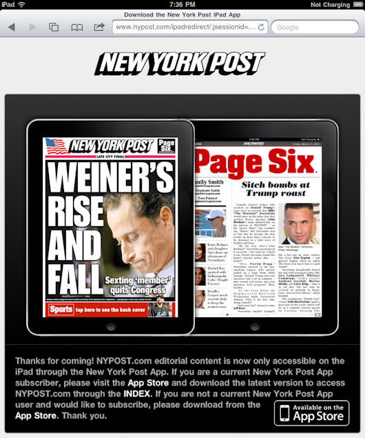 New York Post блокирует доступ на свой сайт с iPad. New York Post блокирует доступ на свой сайт с iPad. Фото.
