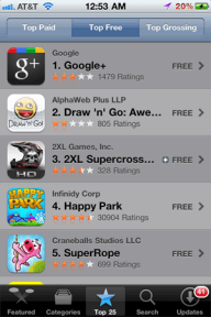 У Google+ первое место в рейтинге популярных бесплатных приложений App Store. У Google+ первое место в рейтинге популярных бесплатных приложений App Store. Фото.