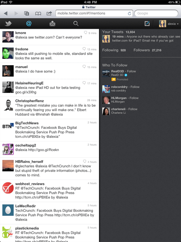 iPad получит обновлененную мобильную версию сайта Twitter. iPad получит обновлененную мобильную версию сайта Twitter. Фото.