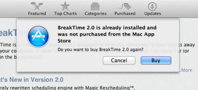 Mac App Store теперь предупреждает при повторной покупке установленного ПО. Mac App Store теперь предупреждает при повторной покупке установленного ПО. Фото.