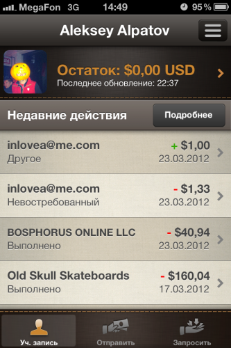 Недавние действия в PayPal Недавние действия в PayPal