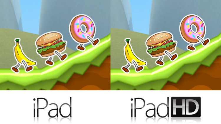 Взгляните на разницу между дисплеями iPad и iPad HD. Фото.