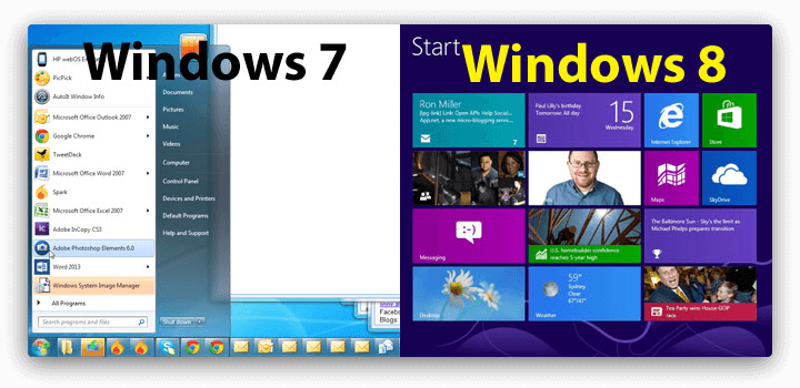 Сравнение стартового меню в Windows 7 и Windows 8 Сравнение стартового меню в Windows 7 и Windows 8