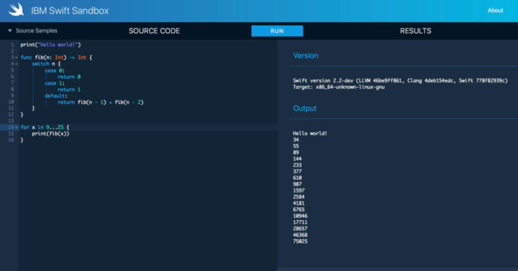 IBM Swift Sandbox — песочница для знакомства с языком. Фото.