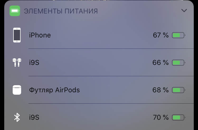 Виджет «Элементы питания. У оригинала мы бы видели только одну строку (ну или две, если наушники по-разному заряжены). Фото.