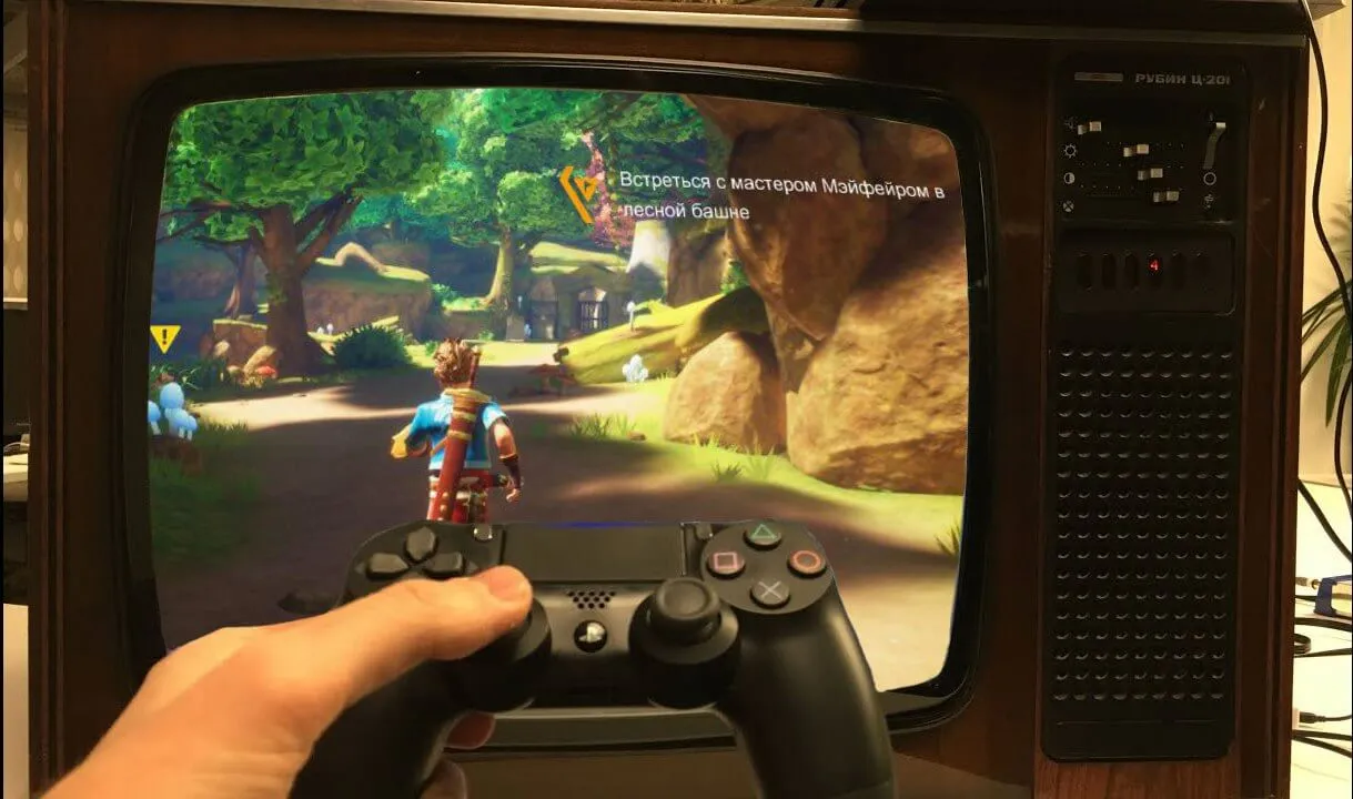 Oceanhorn 2 — самая известная игра Apple Arcade. Тёплая палитра кинескопа телевизора «Рубин Ц-201» придаёт ей особый шарм. Если что, это шутка. Фото.