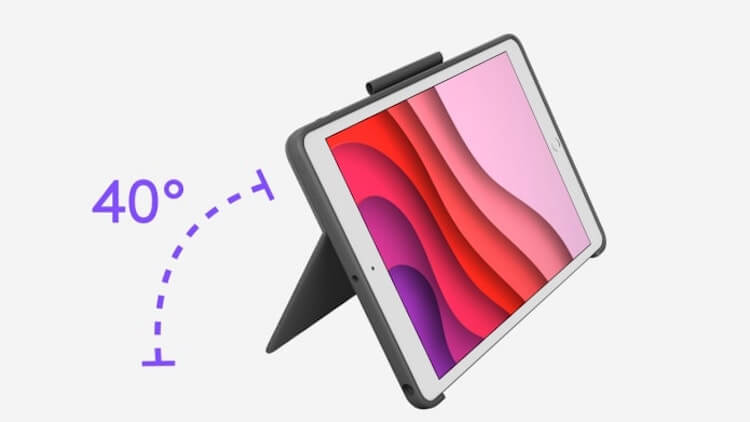 Клавиатура Logitech Combo Touch для iPad. Иллюстрация сайта Logitech, на самом деле диапазон углов наклона не 40°, а 50°. Клавиатура Logitech Combo Touch для iPad. Иллюстрация сайта Logitech, на самом деле диапазон углов наклона не 40°, а 50°. Фото.