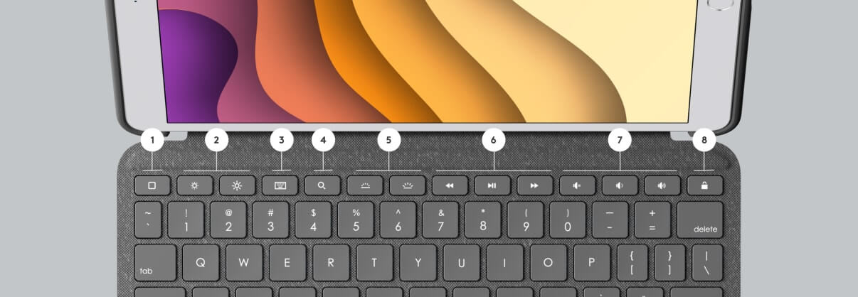 Клавиатура Logitech Combo Touch для iPad. Функциональные клавиши Combo Touch: 1 — “Домой”, 2 – Настройка яркости экрана, 3 – Виртуальная клавиатура, 4 – Поиск, 5 – Настройка яркости подсветки клавиш, 6 – Управление воспроизведением аудио и видео, 7 – Управление громкостью, 8 – Блокировка экрана (в iPad 7). Клавиатура Logitech Combo Touch для iPad. Функциональные клавиши Combo Touch: 1 — “Домой”, 2 – Настройка яркости экрана, 3 – Виртуальная клавиатура, 4 – Поиск, 5 – Настройка яркости подсветки клавиш, 6 – Управление воспроизведением аудио и видео, 7 – Управление громкостью, 8 – Блокировка экрана (в iPad 7). Фото.