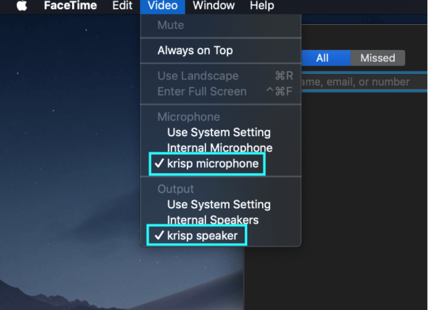 FaceTime Settings for Krisp
