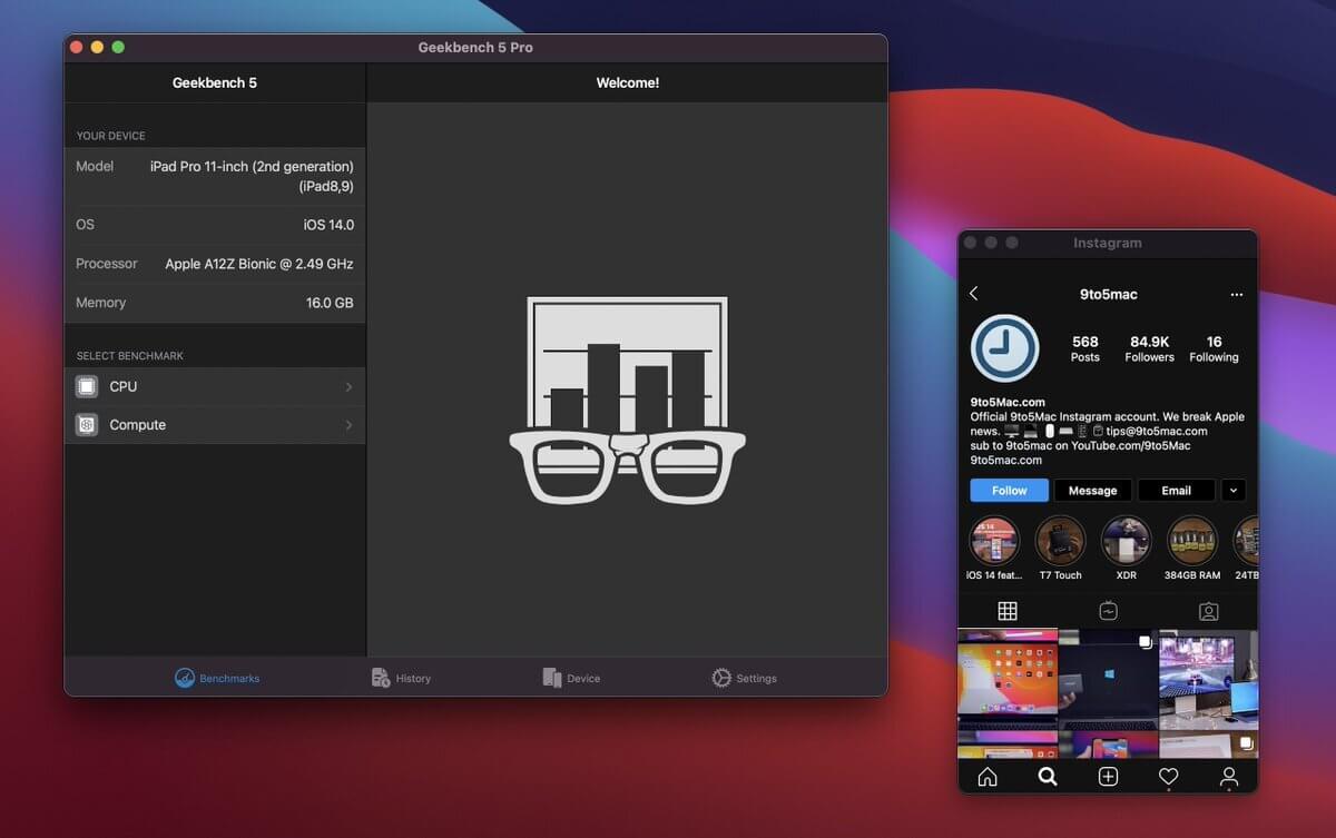 Можно ли запускать iOS-приложения на Mac? Слева Geekbench 5 Pro для iPad, справа – iOS-приложение, оба в macOS Big Sur. Можно ли запускать iOS-приложения на Mac? Слева Geekbench 5 Pro для iPad, справа – iOS-приложение, оба в macOS Big Sur. Фото.