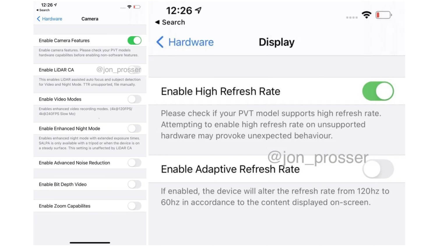 Скриншоты iPhone 12. Слева — переключатель для лидара, а справа — для режима 120 Гц. Скриншоты iPhone 12. Слева — переключатель для лидара, а справа — для режима 120 Гц. Фото.
