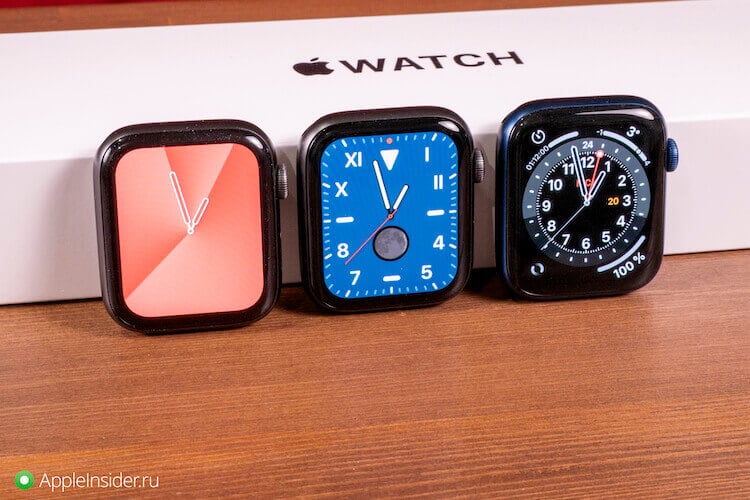 Чем Apple Watch SE отличаются от Series 4, Series 5. Если что, это разные часы. Слева направо — Apple Watch Series 5, Apple Watch SE, Apple Watch Series 6. Фото.