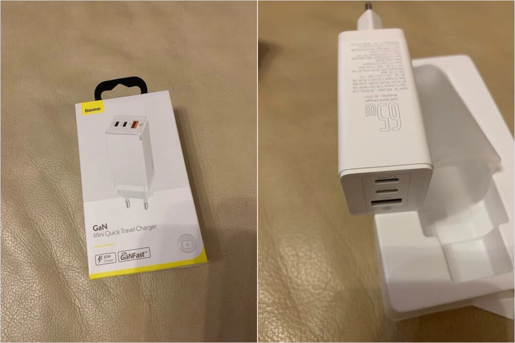 Это 65-ваттный зарядник от Baseus, он мощнее, но компактнее эппловских. Фото.