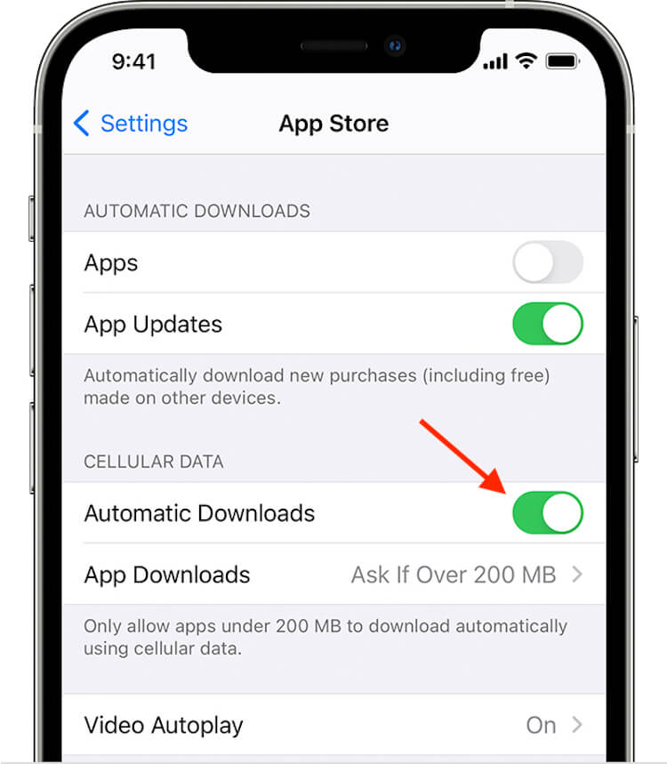 iOS позволяет отключить автообновление по сотовой сети. Фото.