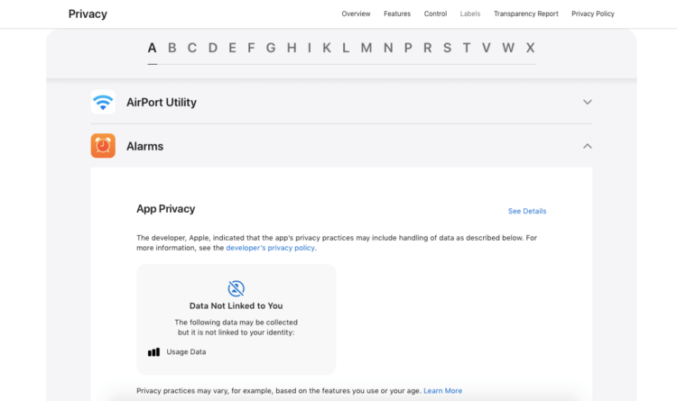 Ярлыки конфиденциальности Apple. Вот так выглядит список приложений и сервисов Apple с ярлыками конфиденциальности. Ярлыки конфиденциальности Apple. Вот так выглядит список приложений и сервисов Apple с ярлыками конфиденциальности. Фото.