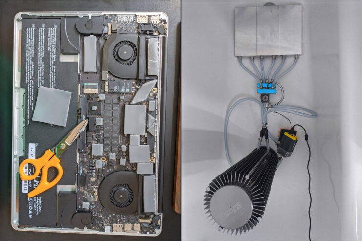 Жидкостное охлаждение MacBook Pro. Слева — MacBook Pro в разборе, справа — система жидкостного охлаждения, но уже в сборе. Фото.