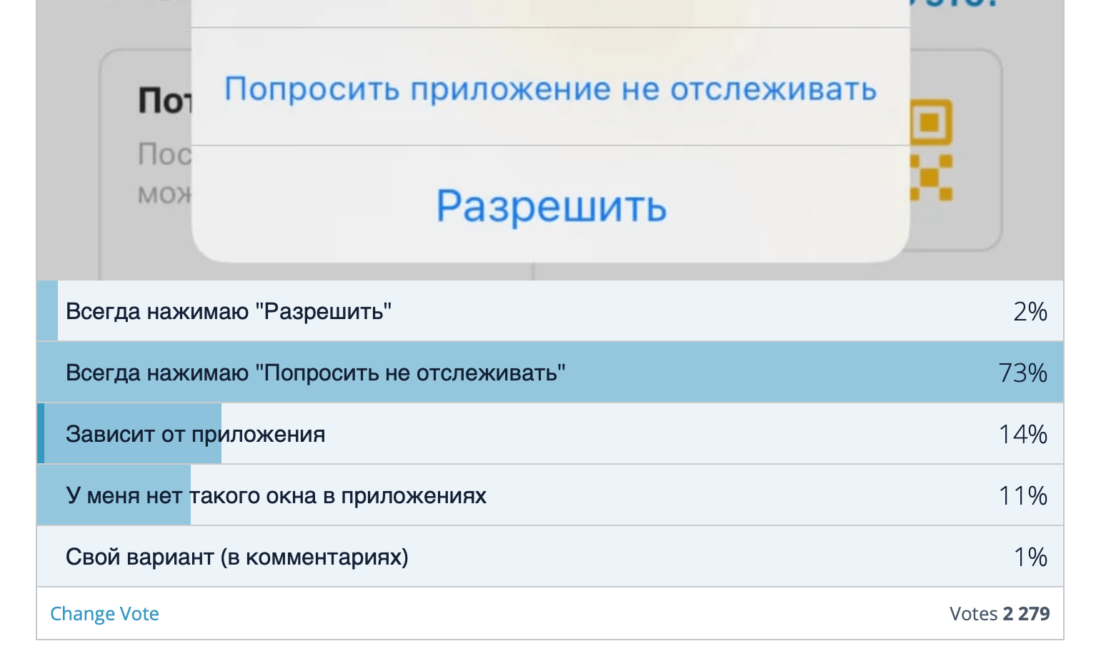 Стоит ли разрешать приложению отслеживать? Больше 70% читателей против отслеживания. Стоит ли разрешать приложению отслеживать? Больше 70% читателей против отслеживания. Фото.