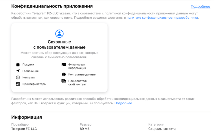 Какие данные собирает Telegram. Посмотрите, сколько связанных с вашей персоной данных собирает Telegram. Фото.
