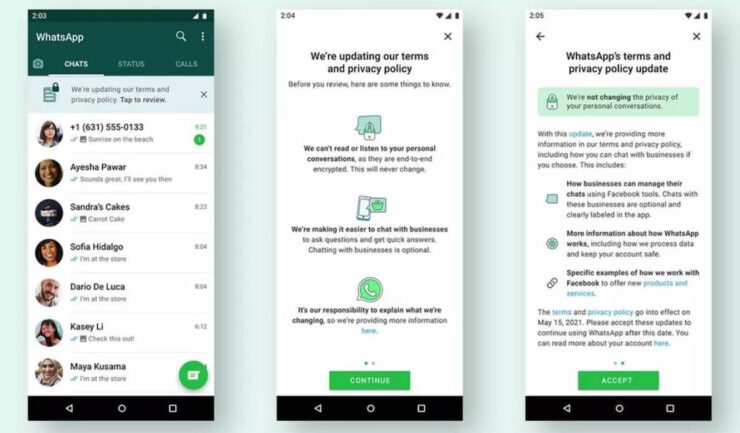 Новые правила WhatsApp требуют от пользователей предоставить разрешение на слежку, не оставляя им выбора. Фото.