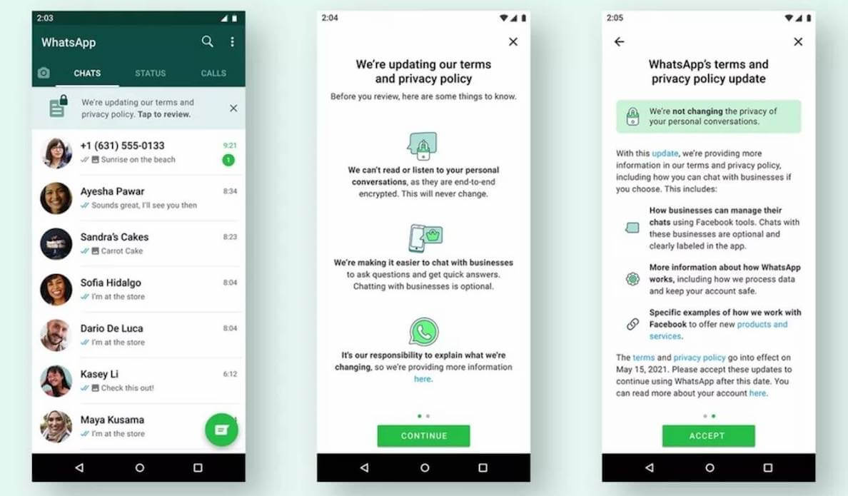 Новые правила WhatsApp требуют от пользователей предоставить разрешение на слежку, не оставляя им выбора. Фото.