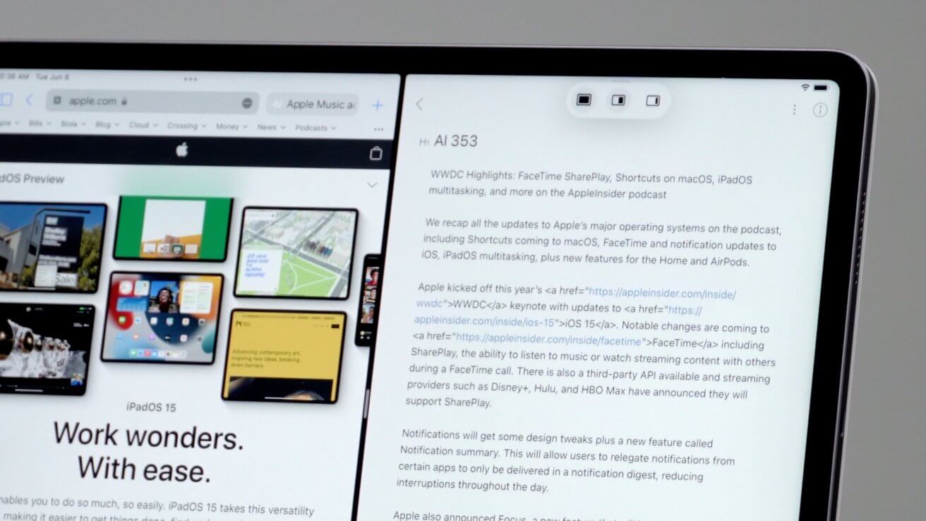 Как запустить приложения в режиме Split View и Slide Over в iPadOS 15. Меню многозадачности и два приложения Split View в iPadOS 15. Фото.