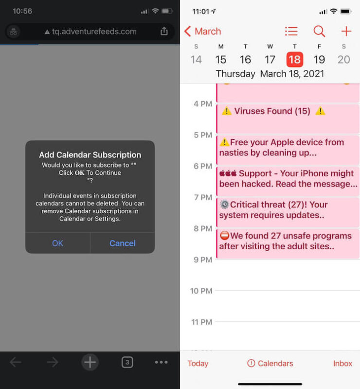 Спам-рассылки в календаре. Спам в Календарь добавляется даже через браузер. Фото.