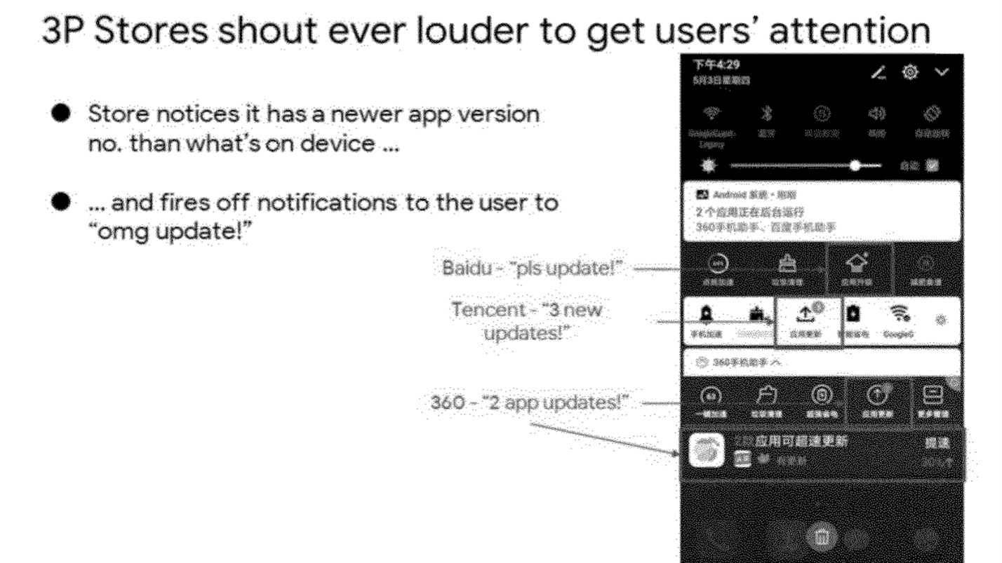У разных магазинов приложений разные уведомления, разные обновления, да и приложения там тоже будут разными. Фото.