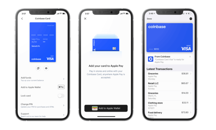 Добавить карту Coinbase в Apple Pay можно через Wallet, если она у вас есть. Фото.