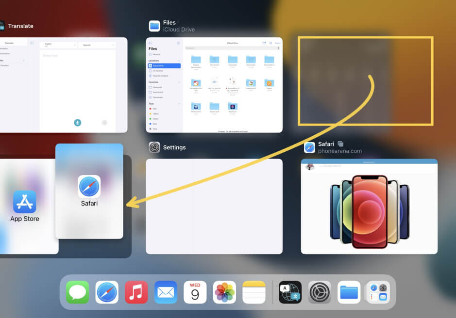 Переключатель приложений в iPadOS 15. В переключателе приложений теперь можно запускать приложения в Split View. Фото.