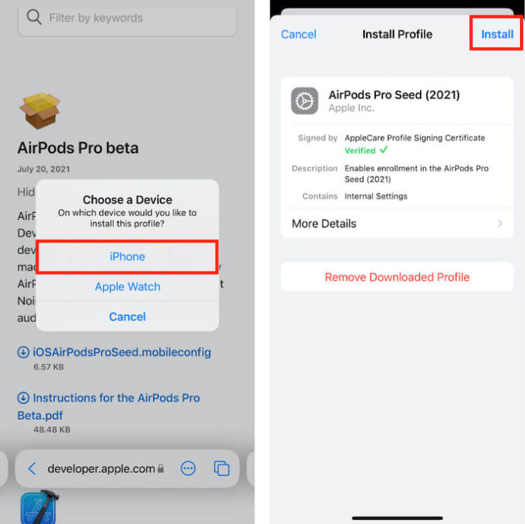 Как установить бета-версию прошивки AirPods Pro. Чтобы установить бету прошивки AirPods Pro, нужен специальный бета-профиль. Фото.