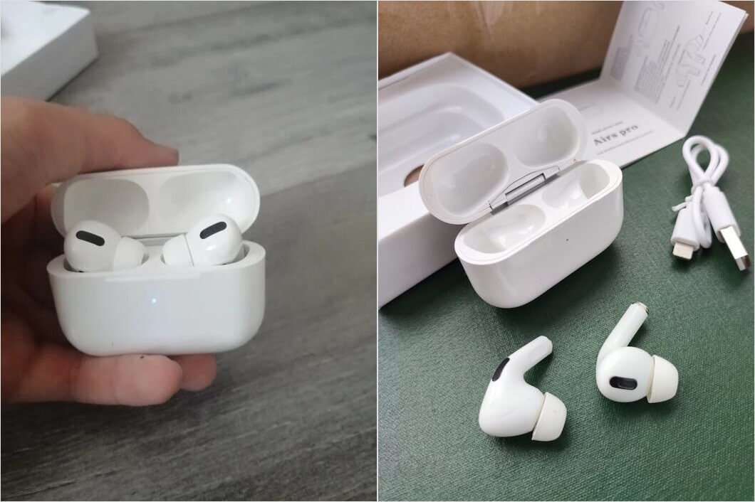 Единственное внешнее отличие поддельных AirPods от оригинала — это зарядное гнездо. Тут это не Lightning, а USB-C. Фото.