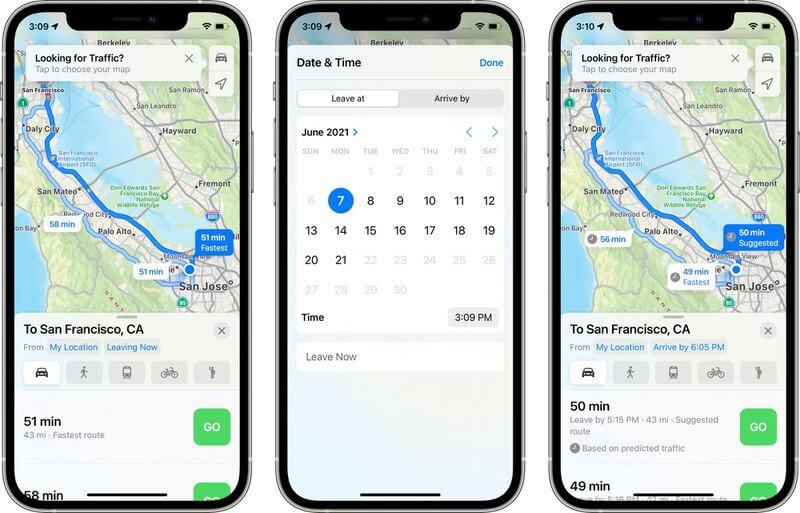 Apple Maps будут сами рассчитывать, когда вам лучше выйти, чтобы приехать вовремя. Фото.