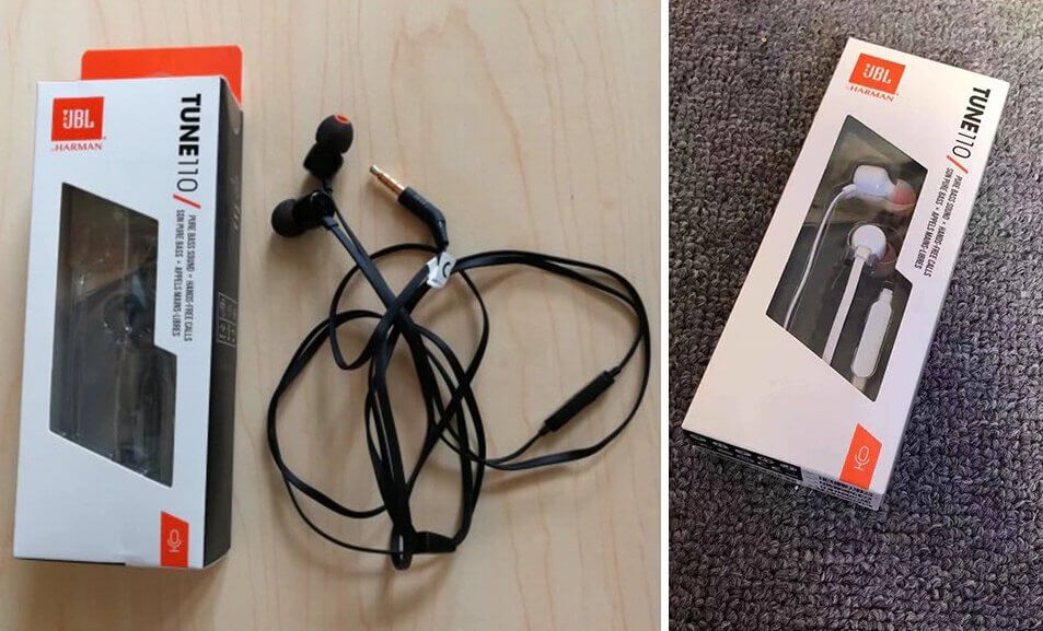 JBL T110 поставляются в четырёх цветовых вариантах и довольно простенькой упаковке. Фото.