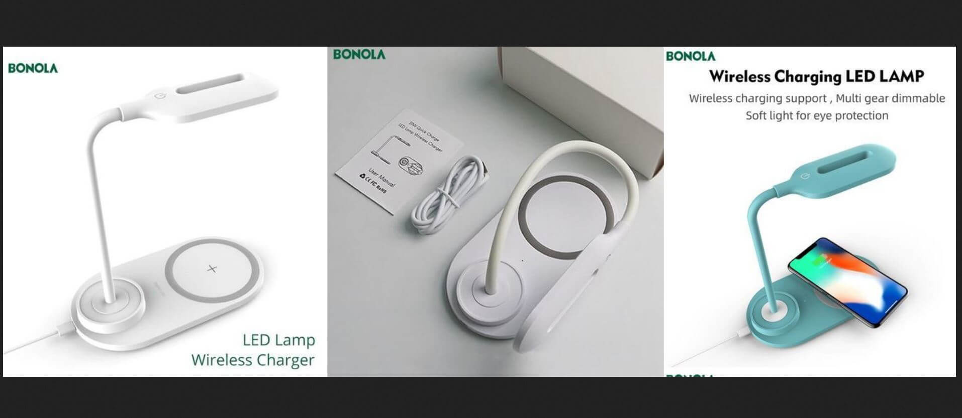 Настольная лампа BONOLA с беспроводной зарядкой. Мы встроили вам зарядку в лампу, чтобы вы могли заряжать телефон, пока включен свет. Фото.