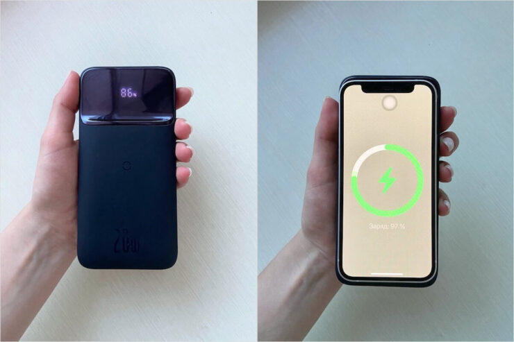 Внешний аккумулятор для iPhone на магнитах. Этот пауэрбанк более универсальный, потому что имеет магнитное крепление для iPhone 12. Фото.