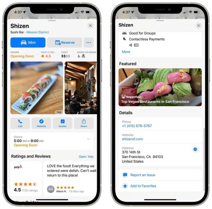 Карточки заведений в Apple Maps стали почти такими же, как в Google Maps. Фото.