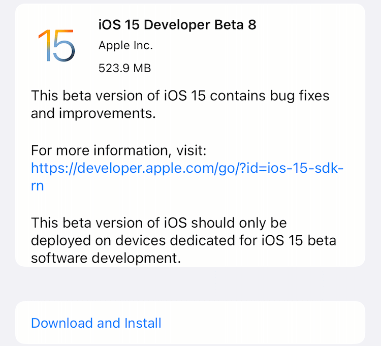 iOS 15 beta 8 могут установить только разработчики и обладатели совместимых бета-профилей. Фото.