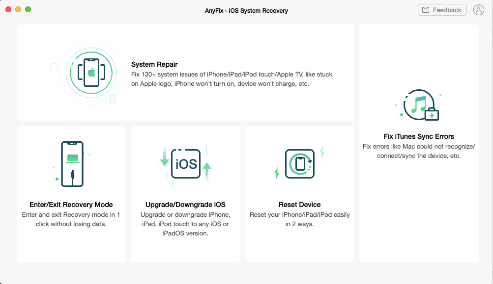На стартовом экране AnyFix есть только 5 действий — всё очень просто. Фото.