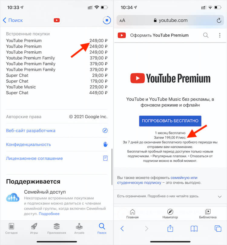 Слева — стоимость подписки на YouTube Premium в App Store, справа — она же, но на сайте сервиса. Фото.
