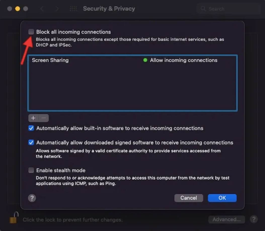 Настройте брандмауэр, чтобы исправить проблемы с AirDrop. Фото.