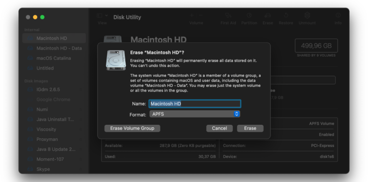 Установка macOS на внешний жесткий диск. Не забудьте указать тип файловой системы. Это важно. Фото.