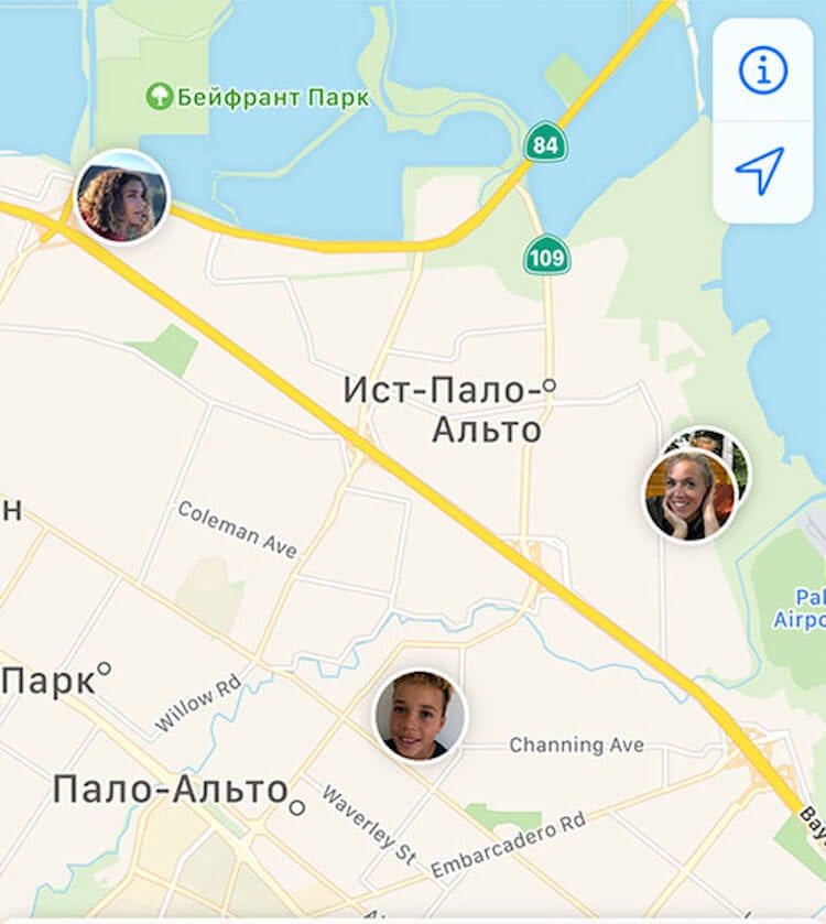 Поиск друзей на карте. Локатор перебросит вас в приложение Apple Maps и позволит отслеживать перемещения всех пользователей. Фото.