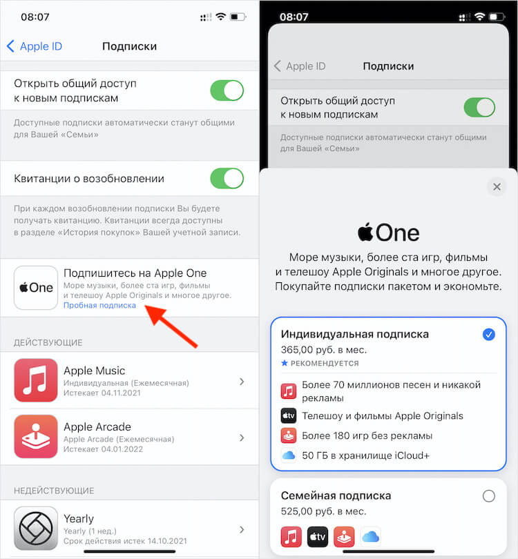 Все ваши подписки отменятся автоматически, а вместо них начнёт действовать единый пакет Apple One. Фото.