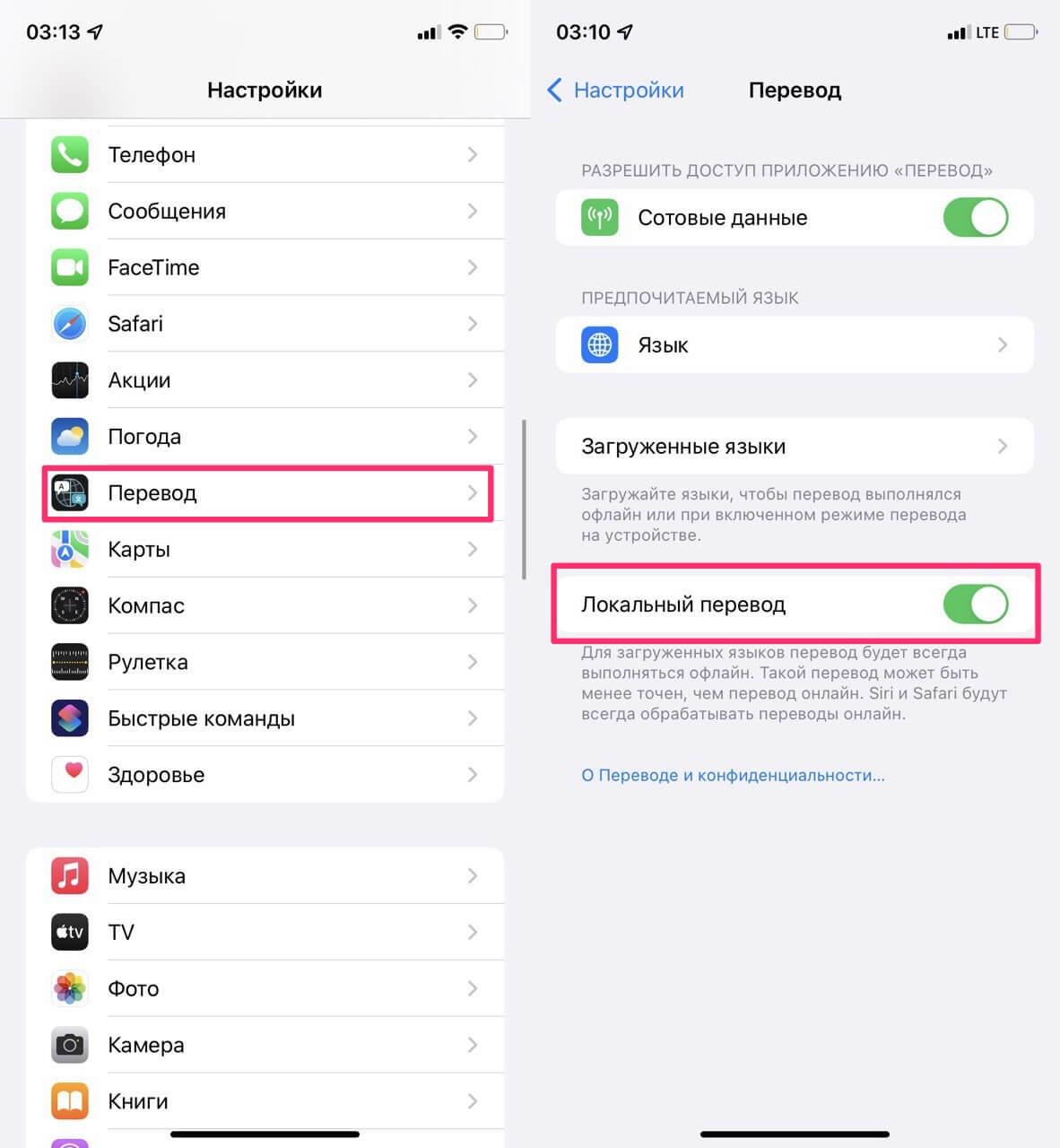 Офлайн-перевод в родном приложении Apple. Фото.