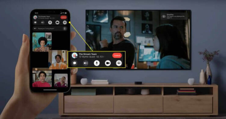 SharePlay позволяет делиться почти любым контентом по FaceTime, ставить его на паузу, добавлять в очередь новый и обмениваться содержимым рабочего стола. Фото.