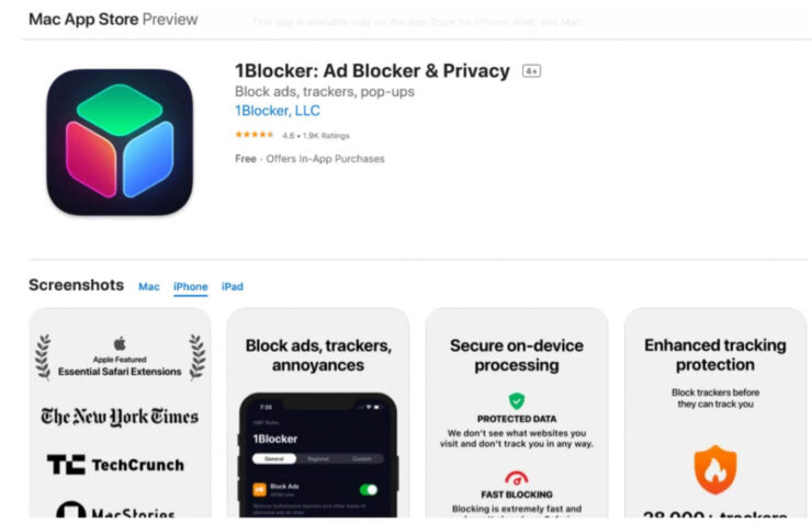 Как заблокировать всплывающие окна на Айфоне. 1Blocker отлично справляется с всплывающими окнами. Фото.