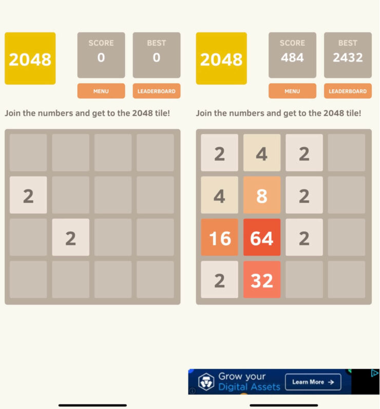 2048 — крутая головоломка на iPhone. В игре вам придется попотеть, чтобы добраться до 2048. Фото.