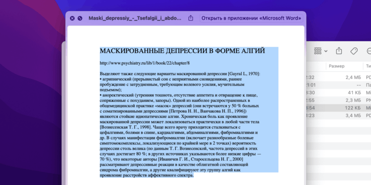 Выделение текста через предварительный просмотр. Фото.